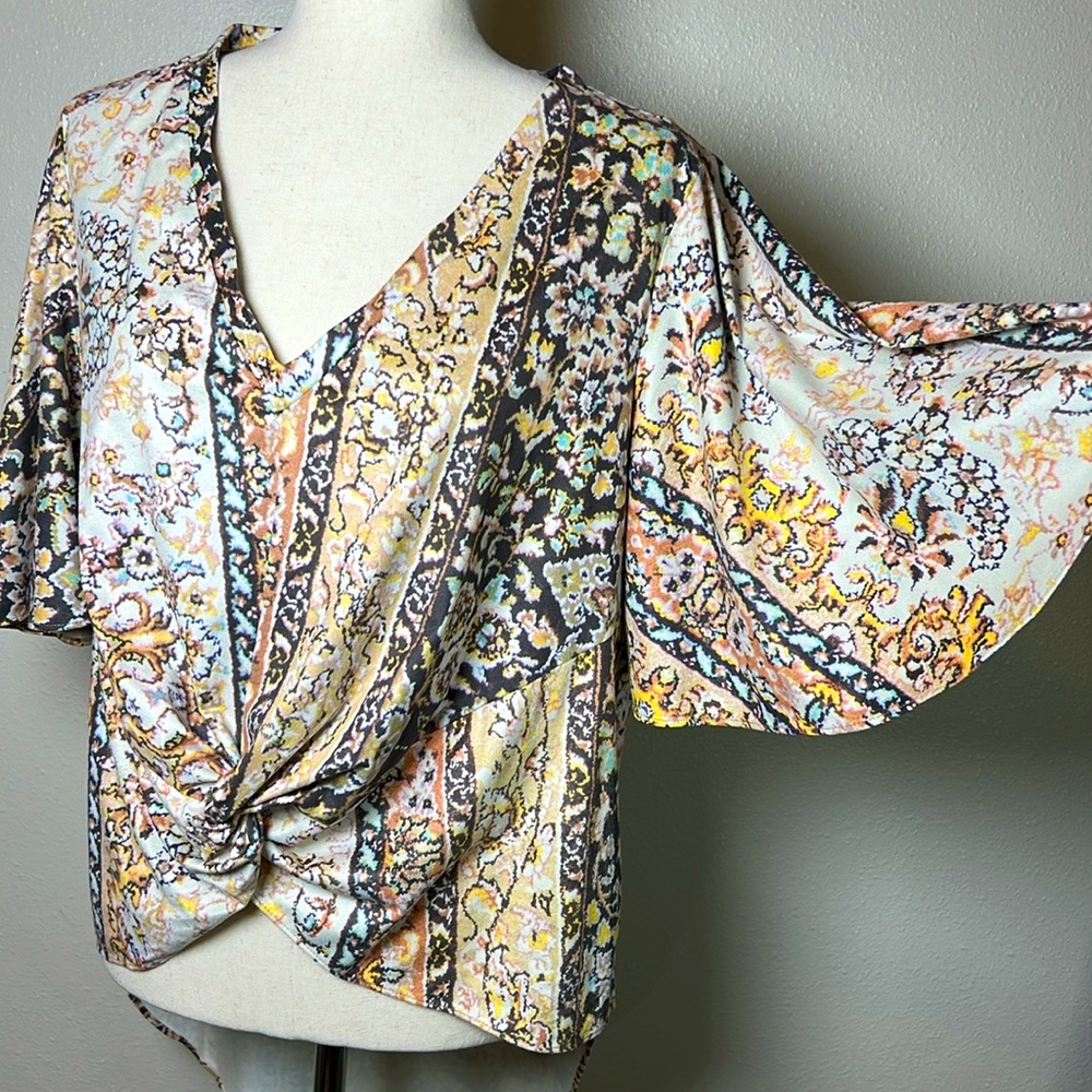 JUDITH MARCH High Low Hem Top Tunic Women L Boho Knot Front V Neck‎ Bell Sleeve